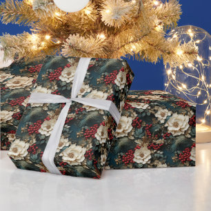 Papier Cadeau Flore de Noël aux fleurs blanches et verdure
