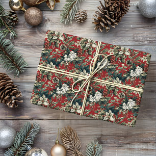 Papier Cadeau Flore de Noël traditionnelle rouge et Pinecone