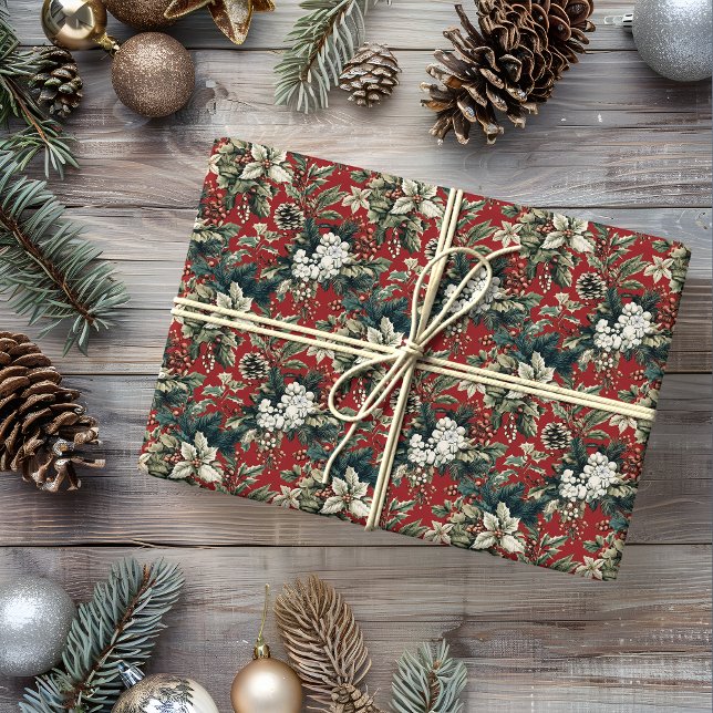 Papier Cadeau Flore de Noël traditionnelle rouge et Pinecone (Créateur téléchargé)