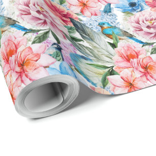 Papier Cadeau Flore Fleurs de feuillage Vert Bleu