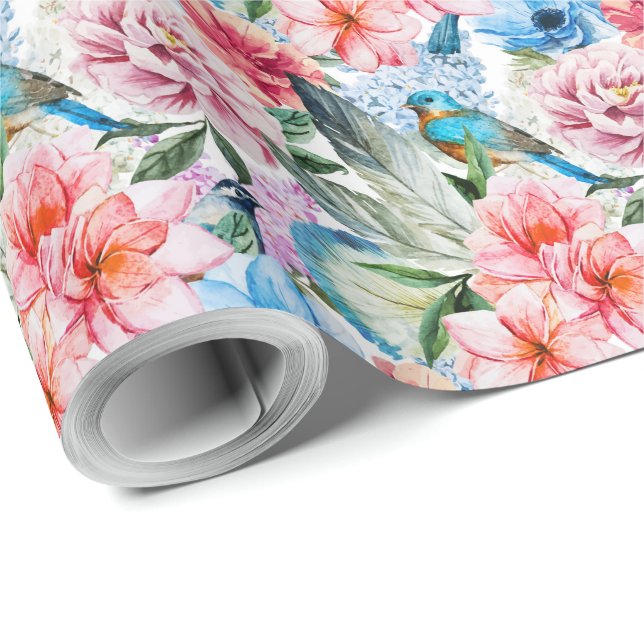 Papier Cadeau Flore Fleurs de feuillage Vert Bleu (Coin rond)