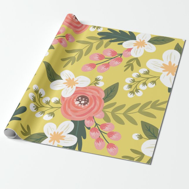 Papier Cadeau Flore folksy luxuriante dans le jaune soleil (Déroulé)