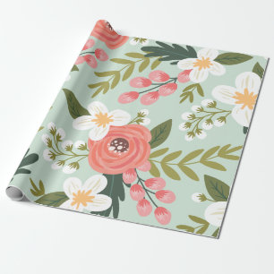 Papier Cadeau Flore folksy luxuriante dans le vert des menthe