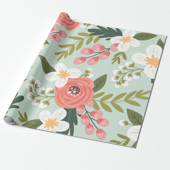 Papier Cadeau Flore folksy luxuriante dans le vert des menthe (Déroulé)