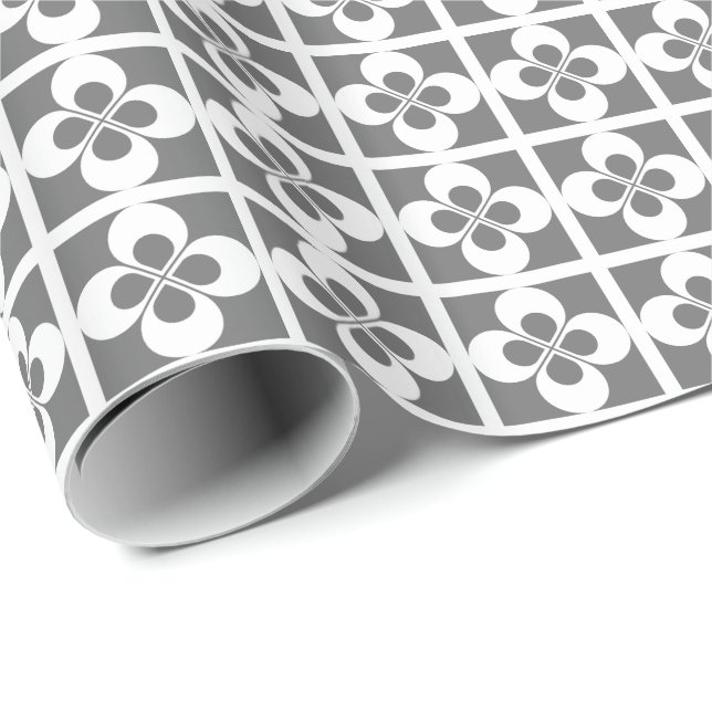 Papier Cadeau Flore géométrique blanche sur gris (Coin rond)