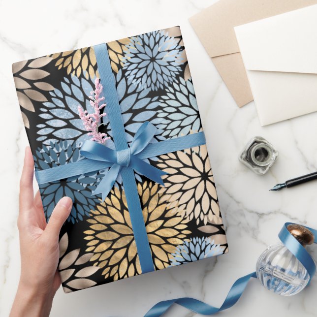 Papier Cadeau Flore moderne Blue Gold Dahlia (Cadeaux)