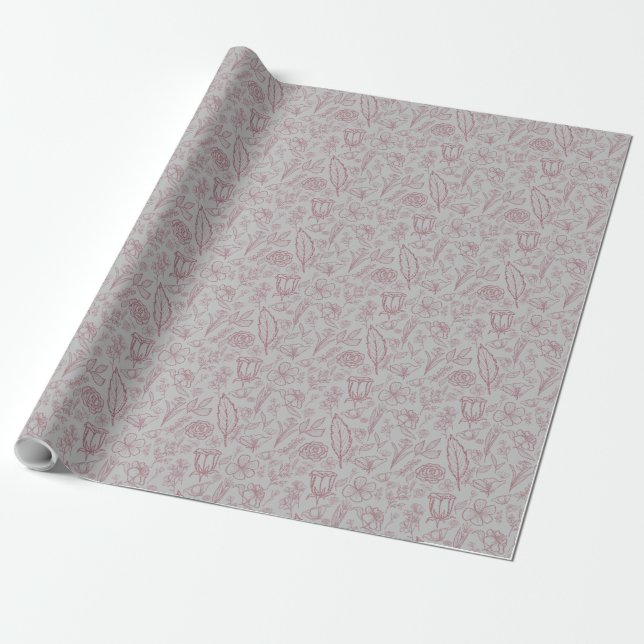 Papier Cadeau Flore rose simple sur gris | (Déroulé)
