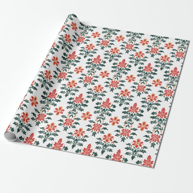 Papier Cadeau Flore rouge, orange et verte (Déroulé)