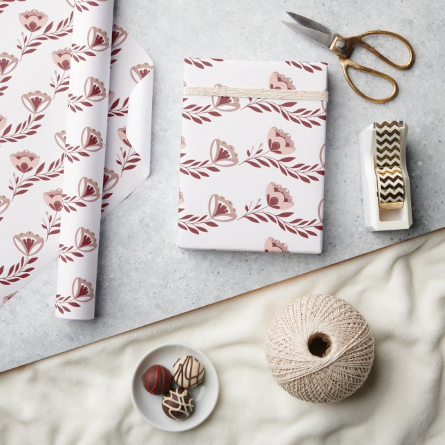 Papier Cadeau Flore scandinave rouge et blanche (Artisanat)
