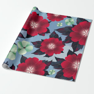 Papier Cadeau Flore verte rouge et menthe sur arrière - plan ble