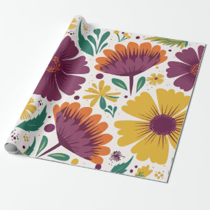 Papier Cadeau Flore vive avec fleurs violettes et jaunes