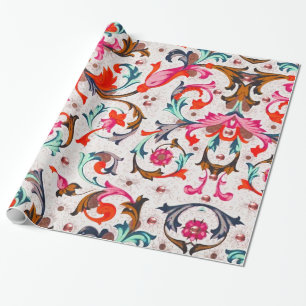 PAPIER CADEAU FLORENTINE RENAISSANCE ROUGE FLEURS, FLEURS