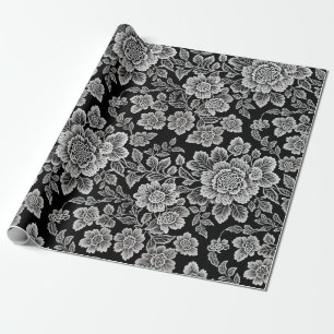 Papier Cadeau Flores de dentelle blanche sur noir