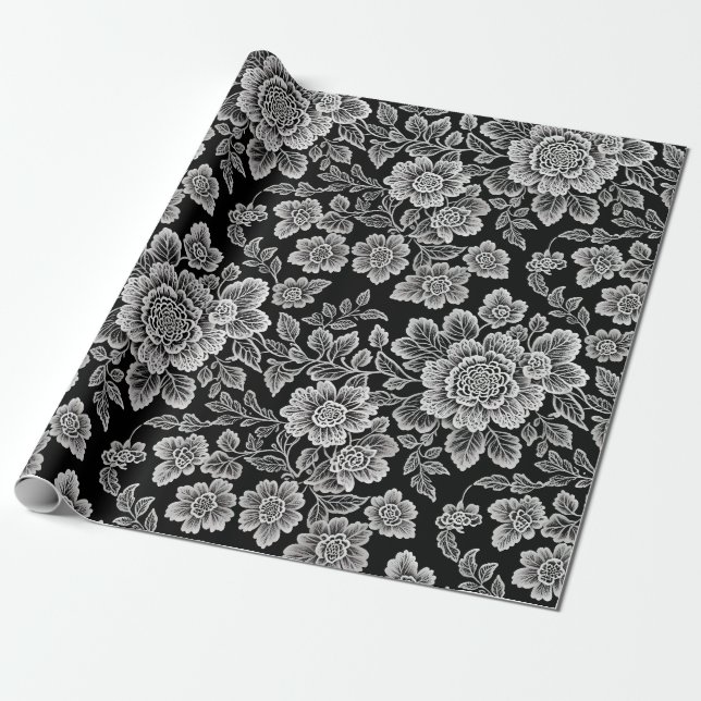 Papier Cadeau Flores de dentelle blanche sur noir (Déroulé)