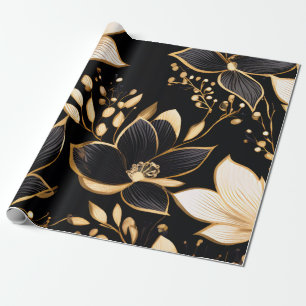 Papier Cadeau Flores d'or : Motifs floraux noirs et or