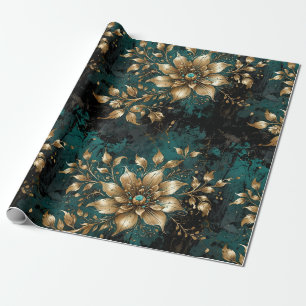 Papier Cadeau Flores turquoises et Gold Grunge