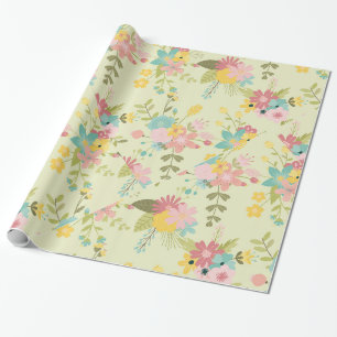 Papier Cadeau Flores vert rose jaune