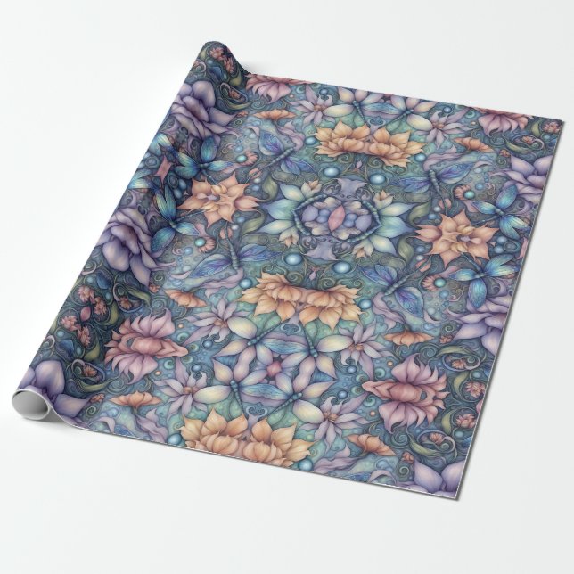 Papier Cadeau FLower Damask Blue Gold (Déroulé)