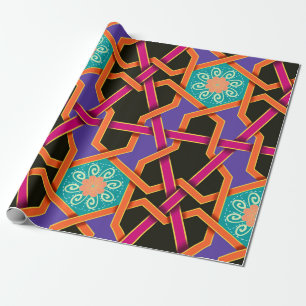Papier Cadeau Flower green orange et violet ethnie géométrique n