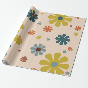 Papier Cadeau Flower Power Retro 60s Pattern Mustard Blue Orange