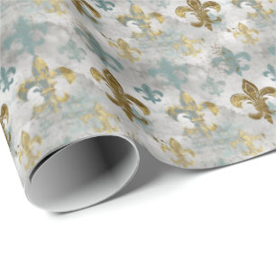 Papier Cadeau Fluer de Lis   Bleu et or doux