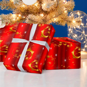 Papier Cadeau Flûtes d'or et étoiles Noël rouge