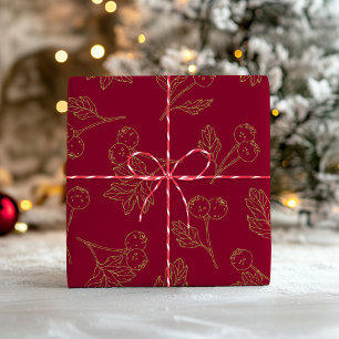 Papier Cadeau Foliage de vacances moderne or et rouge