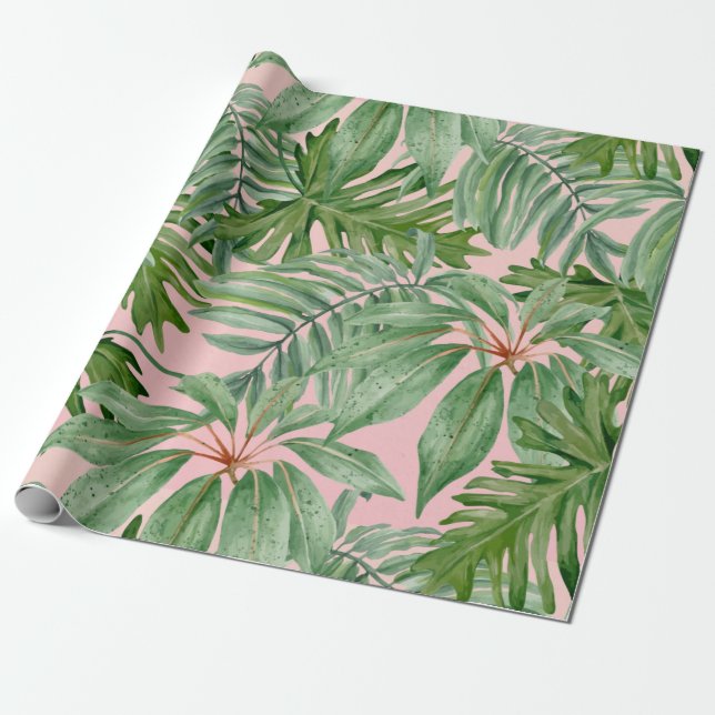 Papier Cadeau Foliage rose tendance Feuilles de la jungle tropic (Déroulé)