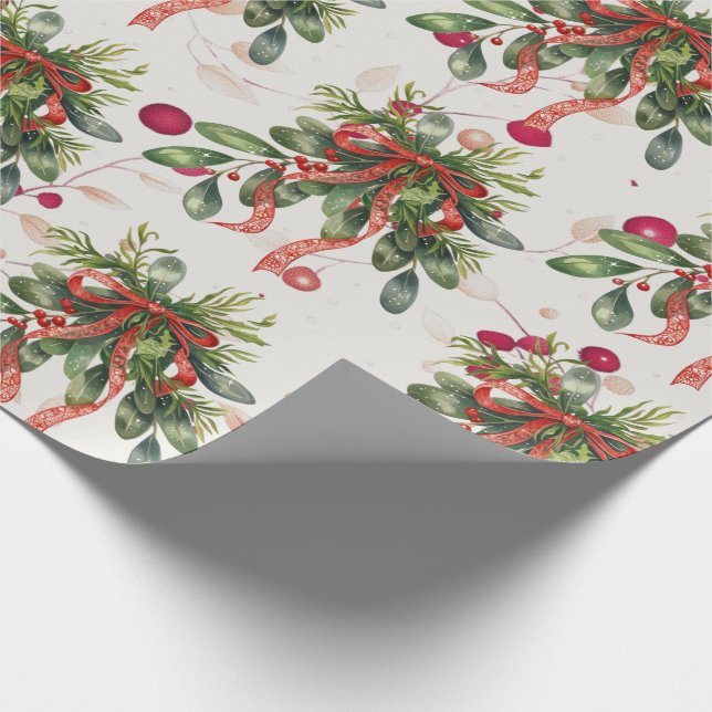 Papier Cadeau Foliage Rouge Ruban Noël Holly (Coin)
