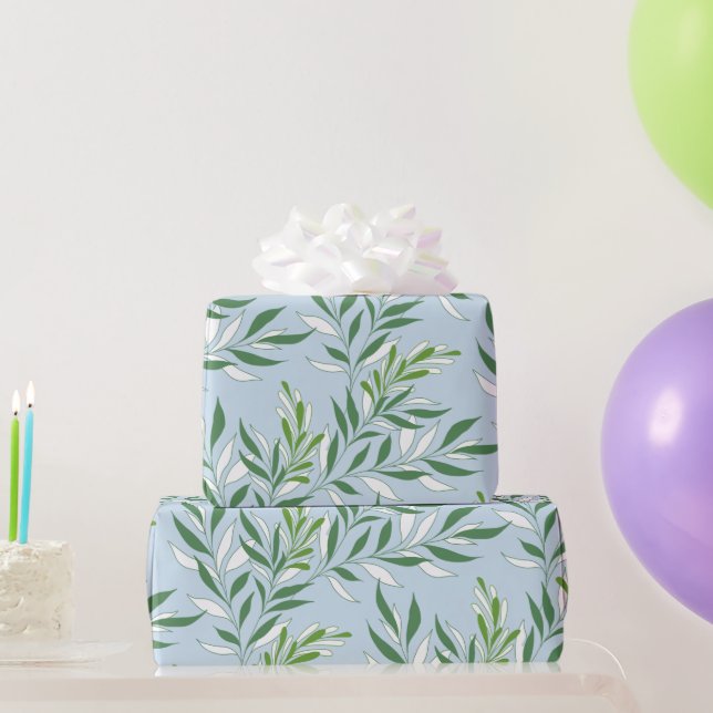 Papier Cadeau Foliage vert Motif Élégant vert clair bleu (Cadeaux de fête)