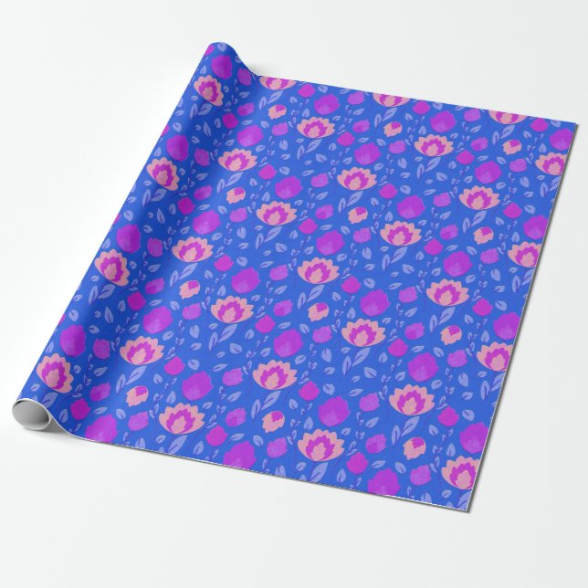 Papier Cadeau Folkore Floral Moderne // Bleu-Violet-Rose (Déroulé)