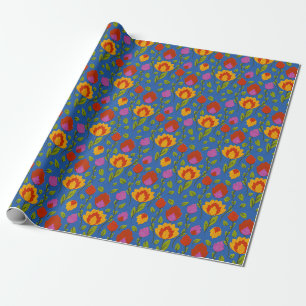 Papier Cadeau Folkore floral moderne // Jaune-rouge-bleu