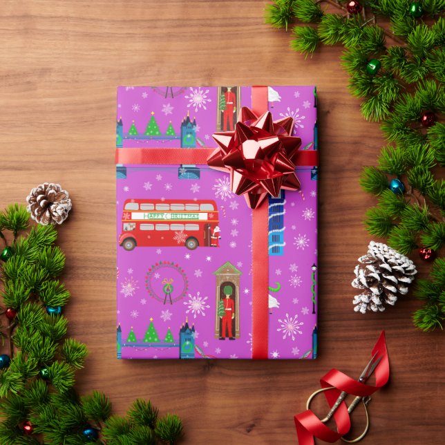Papier Cadeau Fond à motif violet de Noël à Londres (Cadeau de vacances)
