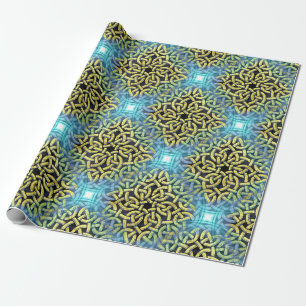 Papier Cadeau Fond Aqua à garniture dorée victorienne entrelacée