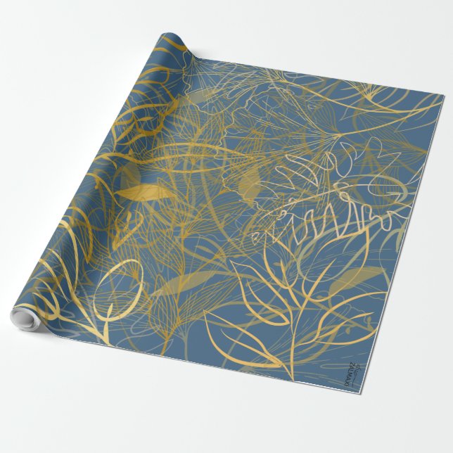 Papier Cadeau Fond bleu feuille d'or classique (Déroulé)