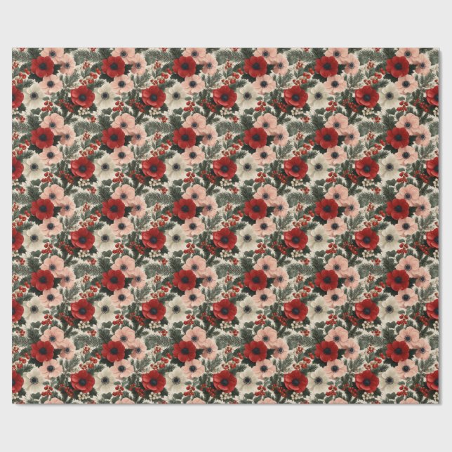 Papier Cadeau Fond floral d'anémone de Noël vacances  (Plat)