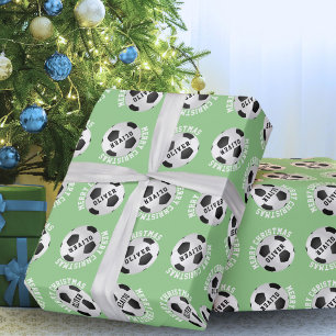 Papier Cadeau Football Balls Enfants Nom Vert Noël