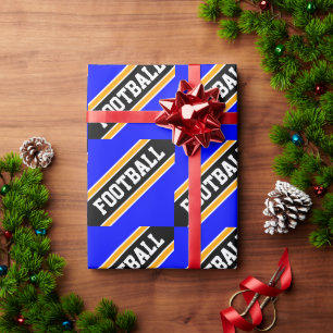 Papier Cadeau FOOTBALL Bleu Royal Clair Rayures de Course Noires