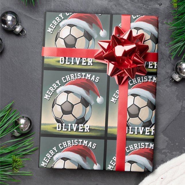 Papier Cadeau Football Football Bal Santa Chapeau Nom Noël (Créateur téléchargé)