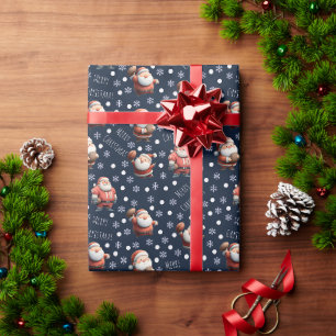 Papier Cadeau Football Père Noël sur Navy Blue