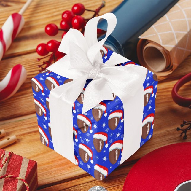 Papier Cadeau Footballs Père Noël Casquette & Snowflakes Blue (Créateur téléchargé)