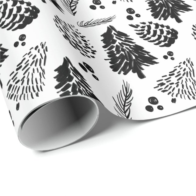 Papier Cadeau Forêt audacieuse noire de pin et Noël de Pinecone (Coin rond)