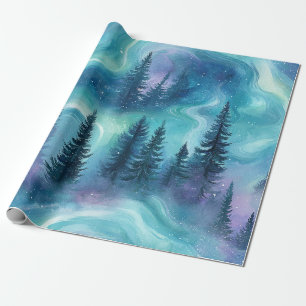 Papier Cadeau Forêt aurore boréale aquarelle