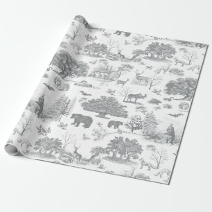 Papier Cadeau Forêt Bois Ours Oie Gris Blanc Toile