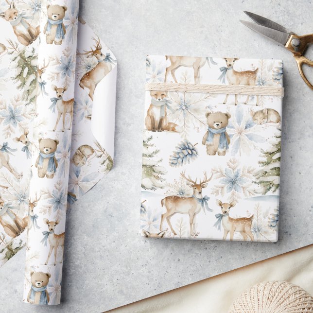 Papier Cadeau Forêt boisée Animaux Noël bleu (Créateur téléchargé)