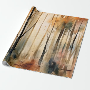 Papier Cadeau Forêt de bois en aquarelle d'automne doré