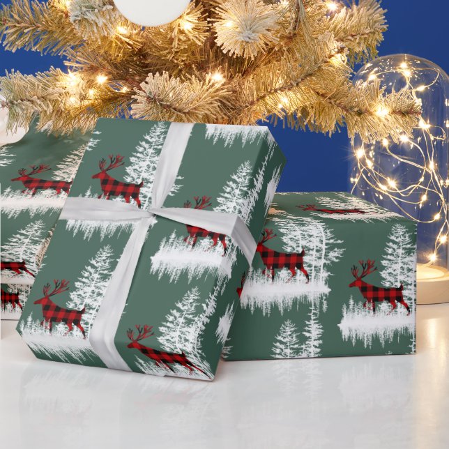 Papier Cadeau Forêt de bois neigeux Bison rouge vert Plaid Deer (Vacances)