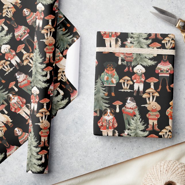 Papier Cadeau Forêt de bois Noir Chien Noël (Créateur téléchargé)