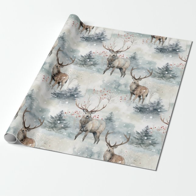 Papier Cadeau Forêt de cerfs aquarelle d'hiver (4) (Déroulé)