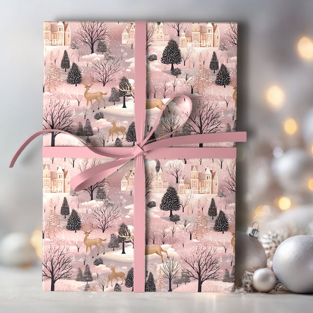 Papier Cadeau Forêt de cerfs roses neige (Créateur téléchargé)